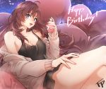  ahoge bangs black_camisole blue_eyes blush bottle breasts brown_hair brown_sweater cardigan cleavage commentary eyebrows_visible_through_hair fpanda happy_birthday heart heart_pillow highres ichinose_shiki idolmaster idolmaster_cinderella_girls long_hair looking_at_viewer medium_breasts off_shoulder open_cardigan open_clothes open_mouth perfume_bottle pillow signature sitting smile solo sparkle sweater thighs wavy_hair 