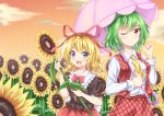  :d absurdres akiteru98 arm_up bangs blonde_hair blue_eyes blush bow bowtie brown_blouse brown_shirt cloud cravat eyebrows_visible_through_hair flower frilled_shirt_collar frills garden_of_the_sun green_hair hair_between_eyes hair_ribbon hair_twirling hand_in_hair highres holding holding_flower holding_umbrella kazami_yuuka long_sleeves looking_at_viewer medicine_melancholy multiple_girls one_eye_closed open_mouth outdoors plaid plaid_skirt plaid_vest puffy_short_sleeves puffy_sleeves red_eyes red_neckwear red_skirt red_sky ribbon shirt short_hair short_sleeves skirt sky smile standing sunflower sunset touhou umbrella upper_body vest white_shirt yellow_neckwear 