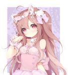  animal_ears bangs bare_shoulders bell bell_collar blush bow brown_hair collar dress gradient_hair long_hair looking_at_viewer maid multicolored_hair original pink_dress pink_eyes runastark shy transparent_background twintails upper_body 