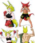  &gt;_@ 2boys abs animal_ears bandages bare_arms bare_shoulders barefoot black_shorts blonde_hair blue_eyes boxing_gloves commentary_request dizzy_(feeling) doitsuken fang flexing fox_ears fox_tail from_behind green_shorts highres midriff mouth_hold multiple_boys multiple_views muscle navel one_eye_closed original outstretched_arms paw_print pose red_hair red_shorts shirtless short_hair shorts sports_bra standing star sweat tail tail_wagging white_background yellow_eyes zoom_layer 