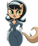  2018 anthro big_breasts breasts camel_toe cat clothed clothing digital_media_(artwork) feline female fur gloves green_eyes hair hand_on_hip handwear hi_res kitty_katswell lia_(artist) looking_at_viewer mammal nickelodeon open_mouth simple_background small_waist smile solo standing t.u.f.f._puppy tan_fur teeth thick_thighs thin_waist white_background wide_hips 
