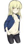  areola_slip areolae blonde_hair breasts commentary cropped_legs eyebrows_visible_through_hair fankupl highres long_hair navel no_bra panties pantyhose partially_undressed perrine_h_clostermann semi-rimless_eyewear sketch small_breasts solo strike_witches under-rim_eyewear underwear undressing white_background white_panties world_witches_series yellow_eyes 