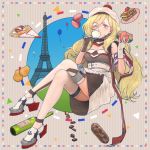  balloon belt beret blonde_hair blue_eyes bottle breasts chocolates commentary crepe cup dress eclair_(food) eiffel_tower food gloves hachi_(hachi_hatch) hair_between_eyes hat kantai_collection long_hair macaron mole mole_under_eye mole_under_mouth multicolored multicolored_clothes multicolored_dress multicolored_gloves multicolored_legwear multicolored_scarf pom_pom_(clothes) richelieu_(kantai_collection) rudder_shoes scarf sitting solo strapless strapless_dress teacup wine_bottle 