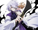  artist_request boots emily_(pandora_hearts) formal hair_over_one_eye male_focus pandora_hearts red_eyes silver_hair smile solo weapon xerxes_break 