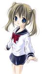  blue_eyes brown_hair mapuru original school_uniform serafuku solo twintails 