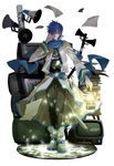  belt blue_eyes blue_hair blue_scarf book boots gears hair_over_one_eye highres kaito kerosene_lamp lamp male_focus megaphone musical_note scarf solo television tomitake_noko vocaloid 