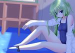  absurdres barefoot blue_eyes green_hair green_nails highres long_hair nail_polish no_pants one-piece_swimsuit open_clothes open_shirt original school_swimsuit shirt solo submerged swimsuit swimsuit_under_clothes water yoye_(pastel_white) 