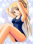  bad_id bad_pixiv_id blonde_hair brown_eyes cynthia_marguerite kurushima_awa long_hair one-piece_swimsuit ponytail school_swimsuit solo swimsuit yoake_mae_yori_ruri_iro_na 