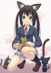  animal animal_ears bad_id bad_pixiv_id black_hair blazer blush brown_eyes cat cat_ears cat_tail helleru highres jacket k-on! kneehighs kneeling long_hair nakano_azusa neck_ribbon open_mouth red_ribbon ribbon school_uniform skirt smile socks solo tail twintails 