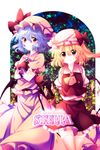  :3 arms_behind_back bad_id bad_pixiv_id bat_wings blonde_hair blue_hair bow crossed_arms flandre_scarlet gradient_hair hat highres lavender_hair multicolored_hair multiple_girls orange_hair ponytail red_eyes remilia_scarlet riichu short_hair siblings side_ponytail sisters smile sparkle standing staring thighhighs touhou white_legwear wings zettai_ryouiki 