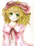 blonde_hair blush bow color_ink_(medium) green_eyes hair_ribbon head_tilt hina_ichigo lace pink_bow ribbon rozen_maiden solo sugai traditional_media 