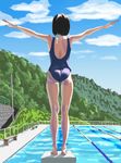  ass black_hair derivative_work from_behind hal9500 kneepits one-piece_swimsuit original outstretched_arms pool school_swimsuit short_hair solo spread_arms starting_block swimsuit 