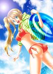  absurdres ass bikini blonde_hair dutch_angle green_eyes highres hood hood_down hoodie innertube lens_flare long_hair looking_back natsumoto original side-tie_bikini side_ponytail sleeves_rolled_up smile solo sun swimsuit wading water 