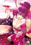  alcohol breasts cherry_blossoms cup flower hair_flower hair_ornament japanese_clothes kimono large_breasts non-web_source one_eye_closed open_clothes open_kimono open_mouth original petals purple_eyes purple_hair sakazuki sake solo ueda_ryou 