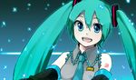  :d aqua_hair bare_shoulders blue_eyes blue_neckwear breasts detached_sleeves hatsune_miku kamoi_hayato long_hair looking_at_viewer medium_breasts necktie open_mouth smile solo tattoo twintails vocaloid 