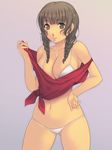  bad_id bad_pixiv_id bikini braid breasts brown_eyes brown_hair cleavage kimi_kiss large_breasts long_hair mizusawa_mao navel shawl skindentation solo swimsuit twin_braids yoko_juusuke 