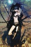  absurdres belt bikini_top black_hair black_rock_shooter black_rock_shooter_(character) blue_eyes boots chain coat flat_chest highres huke long_hair megami midriff moon navel pale_skin scar shorts solo sword twintails very_long_hair weapon 