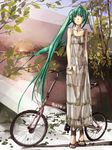 aqua_hair bad_id bad_pixiv_id bicycle blue_eyes bracelet danann dress folding_bicycle ground_vehicle hatsune_miku high_heels highres jewelry long_hair sandals see-through shoes solo tree twintails very_long_hair vocaloid wind 