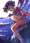  akimoto blue_hair legs moon mountain night red_eyes remilia_scarlet short_hair solo star touhou wings 