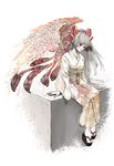  fujiwara_no_mokou hair_ribbon japanese_clothes kimono long_hair obi ribbon sandals sash sitting solo spaetlese touhou wings 