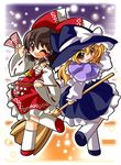  bad_id bad_pixiv_id blonde_hair bow broom brown_hair capelet detached_sleeves gohei hair_bow hakurei_reimu hat kirisame_marisa multiple_girls ofuda one_eye_closed orange_eyes red_eyes sarashi shinjitsu smile touhou witch_hat 