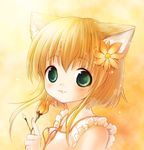  :3 animal_ears bangs big_eyes blonde_hair closed_mouth eyebrows_visible_through_hair flower frills green_eyes hair_flower hair_ornament holding holding_flower looking_at_viewer lowres mapuru original short_hair_with_long_locks sidelocks sleeveless smile solo untied upper_body yellow yellow_background yellow_flower 