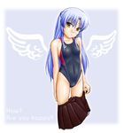  angel_beats! blue_hair competition_swimsuit covered_nipples engrish flat_chest long_hair one-piece_swimsuit ranguage school_uniform solo swimsuit tenshi_(angel_beats!) tk4 undressing wings yellow_eyes 