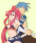  1girl back-to-back bad_id bad_pixiv_id blue_hair blush breasts couple hetero kamina medium_breasts ponytail red_eyes red_hair rikko_(peso) sarashi scarf shirtless shorts smile striped striped_scarf studded_bracelet tattoo tengen_toppa_gurren_lagann underboob yellow_eyes yoko_littner 