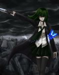  black_legwear bug butterfly cloud coat cross dark grave green_hair highres insect long_sleeves necktie original outstretched_arm red_eyes ruins short_hair shou_mai sky smirk solo sword thighhighs weapon zettai_ryouiki 
