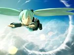  aqua_hair chibi closed_eyes cloud day detached_sleeves flying hatsune_miku headphones long_hair necktie skirt sky solo sonic_boom supersonic thighhighs twintails very_long_hair vocaloid won_(toufunokado) 