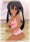  arm_support bad_id bad_pixiv_id bare_shoulders black_hair blush brown_eyes casual_one-piece_swimsuit k-on! long_hair nakano_azusa one-piece_swimsuit open_mouth pink_swimsuit sitting solo sweat swimsuit tan tears twintails yamasaki_wataru 
