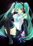  absurdres arm_support book detached_sleeves green_eyes green_hair hatsune_miku headphones highres long_hair necktie panties pantyshot sitting skirt smile solo thighhighs twintails underwear very_long_hair ville vocaloid white_panties 