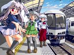  black_legwear contemporary fujiwara_no_mokou ground_vehicle highres konpaku_youmu multiple_girls outstretched_hand reisen_udongein_inaba sukiyo tactile_paving thighhighs touhou train train_station wallpaper 