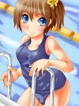  bad_id bad_pixiv_id blue_eyes brown_hair iwato_(celler) lane_line looking_at_viewer one-piece_swimsuit original pool pool_ladder poolside school_swimsuit short_hair side_ponytail smile solo swimsuit 