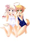  absurdres animal_ears bad_id bad_pixiv_id blonde_hair blue_eyes dog_ears dog_tail green_eyes highres long_hair mikan_(wanko) multiple_girls neko_pan one-piece_swimsuit school_swimsuit silviana swimsuit tail wanko_to_kurasou white_school_swimsuit white_swimsuit 