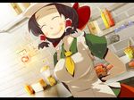  alternate_costume apron bow brown_hair contemporary food hair_bow hakurei_reimu hamburger short_hair solo touhou yashima_yuuta 