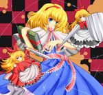 alice_margatroid archienemy bad_id bad_pixiv_id blonde_hair blue_eyes book capelet doll hairband hourai_doll long_hair middle_finger noose polearm shanghai_doll shield short_hair solo spear sword touhou weapon white_capelet 