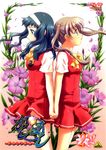  back-to-back bangs blue_eyes blue_hair bow braid copyright_name cover dress dress_lift dvd_cover floating_hair flower gradient gradient_background holding_hands iwasa_tomoko kamiizumi_yasuna kashimashi kurusu_tomari leaf long_hair looking_away multiple_girls official_art open_mouth petals pleated_skirt profile purple_eyes scan scrunchie short_sleeves silver_hair skirt standing twin_braids twintails wind wind_lift yuri 