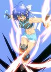  abs ahoge blood blue_hair gloves headband lyrical_nanoha mach_caliber mahou_shoujo_lyrical_nanoha_strikers midriff muscle otoo_(izanagi) revolver_knuckle short_hair shorts solo subaru_nakajima yellow_eyes 