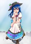  blue_hair crossed_legs food fruit hat highres hinanawi_tenshi long_hair ma2okakurage peach red_eyes sitting solo touhou 