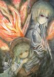  acrylic_paint_(medium) arm_holding child from_above fujiwara_no_mokou hat highres kana_anaberal multiple_girls suzaku_mikado touhou touhou_(pc-98) traditional_media 