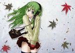  bag between_breasts breasts contemporary frog gloves green_hair headphones kochiya_sanae leaf satchel skirt solo strap_cleavage sweater thighhighs touhou zettai_ryouiki 