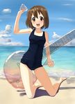  barefoot beach blush brown_eyes brown_hair cloud day hino_minato_(spec.c) hirasawa_yui k-on! lowres one-piece_swimsuit open_mouth school_swimsuit smile solo swimsuit 