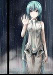  absurdres against_glass aqua_eyes aqua_hair bad_id bad_pixiv_id hand_on_glass hatsune_miku hatsune_miku_(append) highres kneeling long_hair necktie nekobaka rain solo tears twintails very_long_hair vocaloid vocaloid_append 