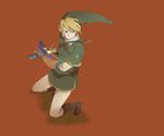  blonde_hair blue_eyes glint gloves hat holding holding_sword holding_weapon left-handed link male_focus master_sword nikayu sheath simple_background solo sword the_legend_of_zelda unsheathing weapon 