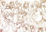  6+girls brown everyone inami_mahiru kusakami_akira matsumoto_maya monochrome multiple_boys multiple_girls otoo_hyougo satou_jun shirafuji_kyouko simple_background sketch souma_hiroomi takanashi_izumi takanashi_kazue takanashi_kotori takanashi_kozue takanashi_nazuna takanashi_souta taneshima_popura todoroki_yachiyo white_background working!! yamada_aoi 