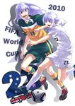  2boys australia bad_id bad_pixiv_id ball bliss_(ferment_factory) grey_hair highres jabulani long_hair male_focus multiple_boys new_zealand personification purple_eyes shorts soccer_ball sport world_cup 