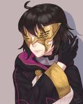  1girl absurdres ahoge artist_name azto_dio black_gloves black_hair closed_mouth dated fire_emblem fire_emblem:_kakusei fire_emblem_heroes gloves highres hood hood_down long_sleeves mark_(female)_(fire_emblem) mark_(fire_emblem) mask nintendo robe short_hair simple_background solo 