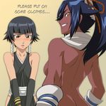  2girls bare_shoulders black_hair bleach blue_hair blush breasts dark_skin female flat_chest large_breasts long_hair looking_back lowres multiple_girls nude open_mouth ponytail shihouin_yoruichi short_hair simple_background smile soifon sui-feng translated yellow_eyes yoruichi 