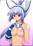  bare_shoulders blue_hair blush breast_squeeze breasts large_breasts long_hair looking_down majikina_mina nipples ryuu_ryuu samurai_spirits snk solo 